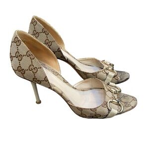 Gucci Beige GG Canvas Hollywood Horsebit D'orsay Pumps Size:7.5